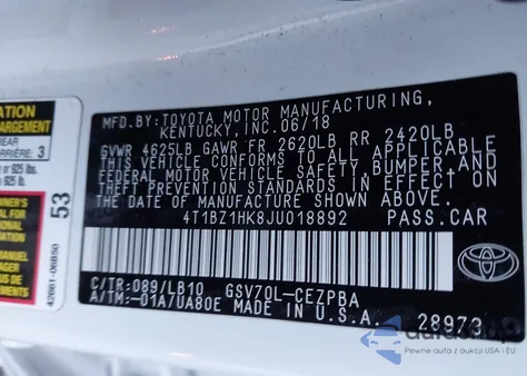 2018 Toyota Camry Xse V6 from USA, damaged, VIN 4T1BZ1HK8JU018892